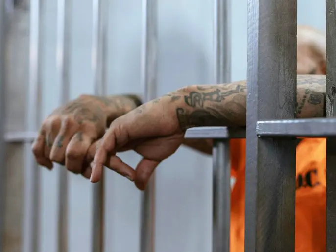 A person with tattoos is holding onto the bars of their jail cell.